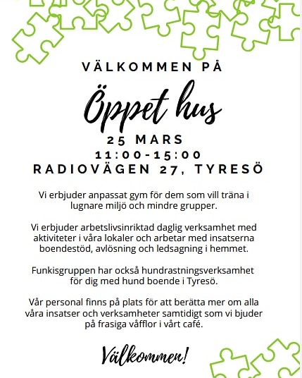 Funkisgruppen's tweet photo. Missa inte årets bästa öppet hus! Funkishuset erbjuder härliga aktiviteter på plats och nu också insatser i hemmet.

#funkisgruppen 
#funkishuset 
#gym
#hundrastning
#lättgympa
#yoga
#dagligverksamhet 
#boendestöd
#ledsagning 
#avlösning 
#vilöserlivspusslet 
#ettföretagräcker https://t.co/qyyXgwExTp