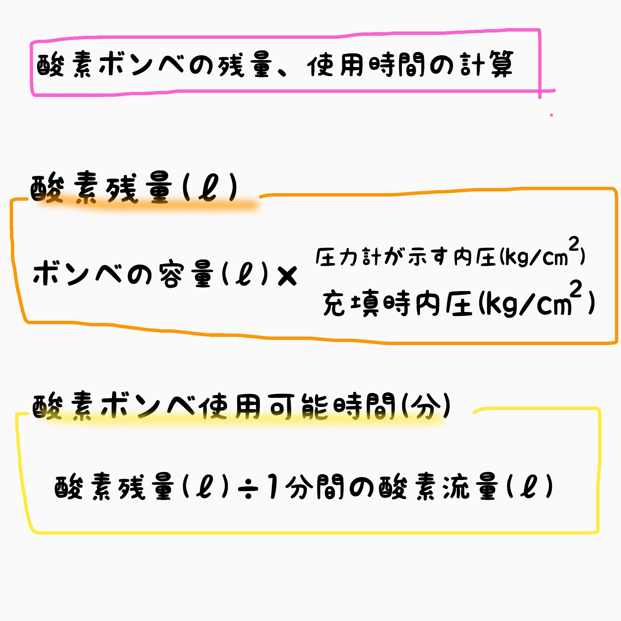 もちゆきナース 酸素ボンベに関する問題で 国家試験のために覚えておくことはこの4つ 酸素 火気厳禁 酸素ボンベの色は黒 酸素の中央配管の色は緑 酸素ボンベの残量と使用時間の計算 とりあえずこの4つさえ覚えておけば 酸素ボンベの問題は