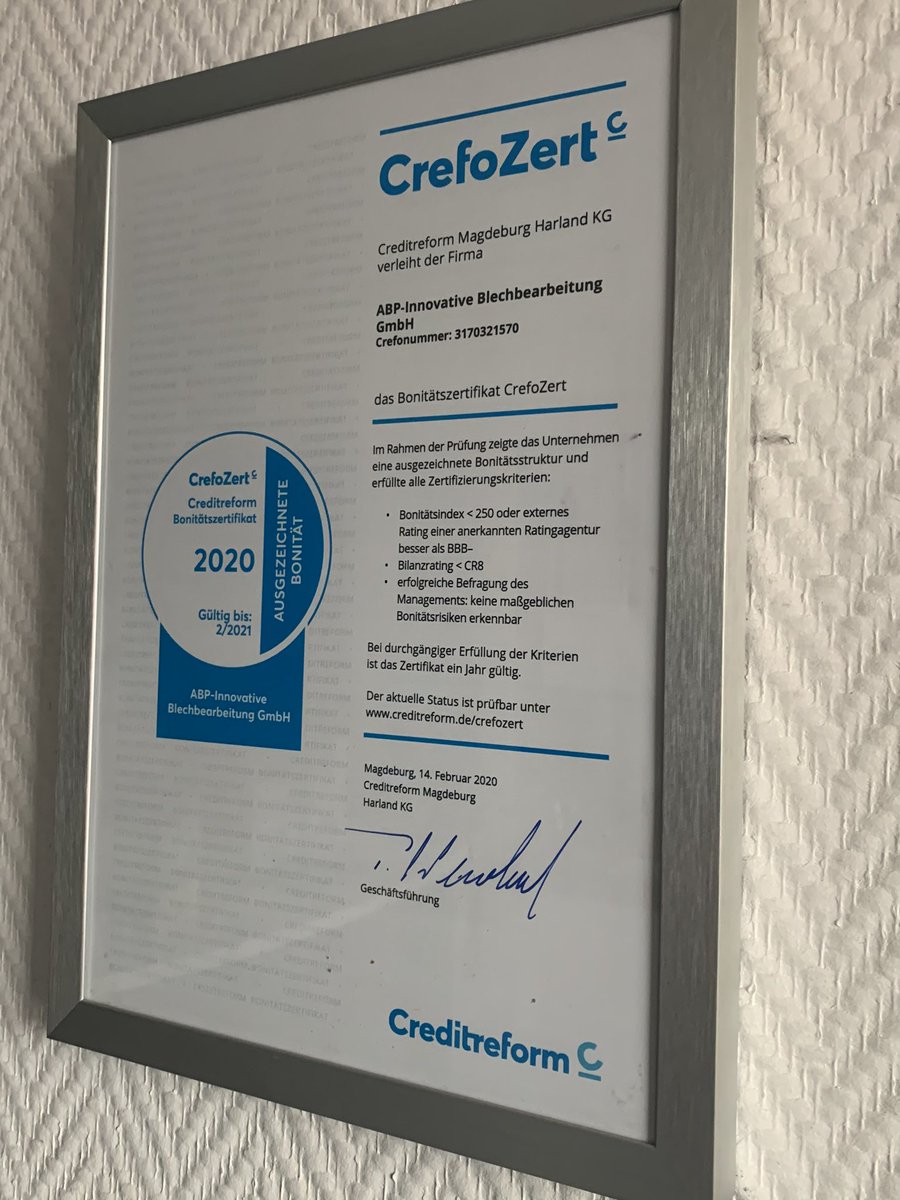 ABPBLECHBERLIN's tweet photo. Wir haben unsere Finanzen im Griff! Das neue CrefoZert für 2020 ist da. https://t.co/LRzp7Kjsln