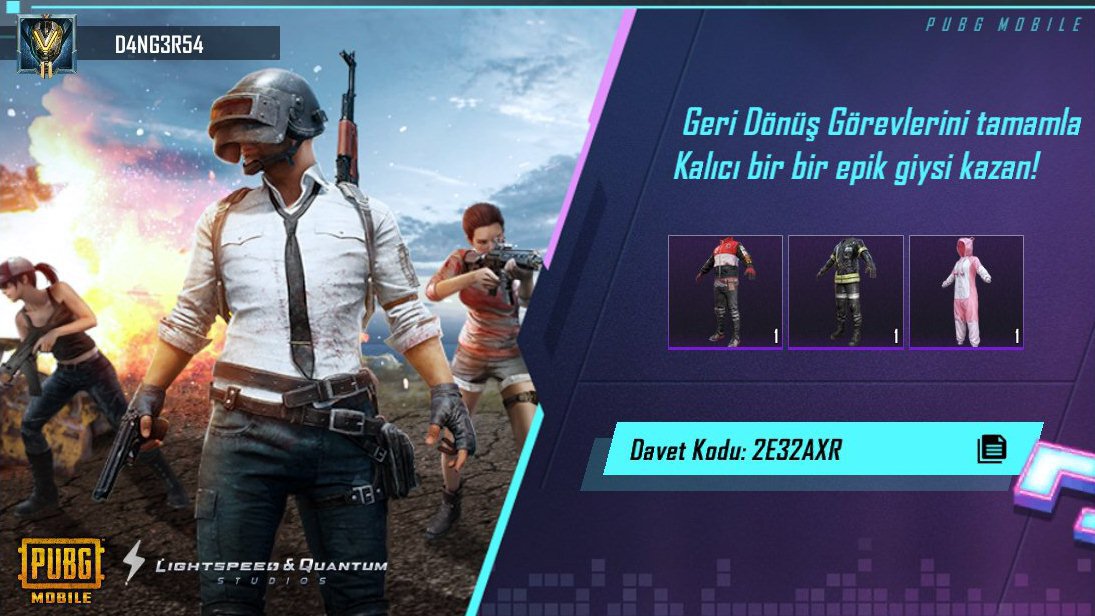 PUBG MOBILE Geri Dönüş Görevlerini tamamla! Kalıcı bir epik giysiyi ücretsiz olarak kazan! Davet kodum: 2E32AXR ig-url.igamecj.com/D7fE081wARj5