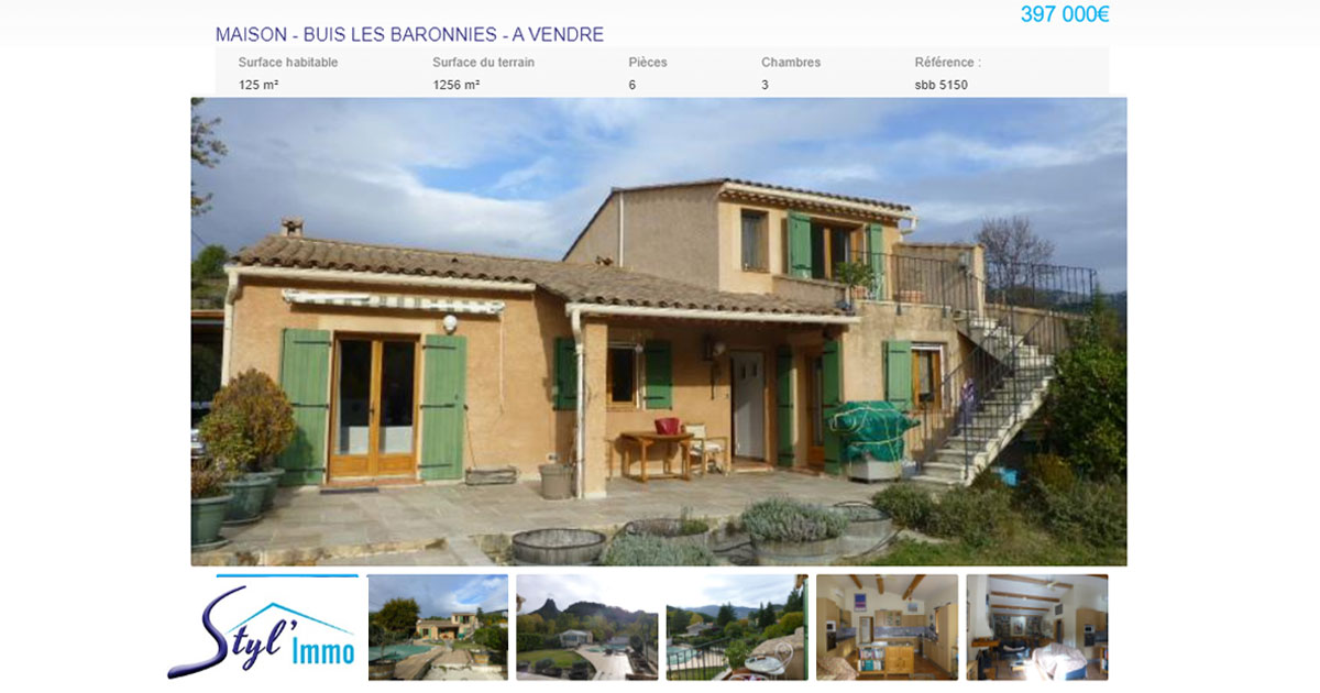 StylImmo1's tweet photo. Le réseau Styl'Immo présente le bien sélectionné de la semaine

A vendre à #Buislesbaronbies dans le département de la #Drôme cette maison, voir l'annonce: https://t.co/G8qRrElYzG

L'équipe Styl'Immo vous souhaite une bonne fin de semaine
#StylImmo #Immobilier #VentesImmobilières https://t.co/Nw6fLOuyDe