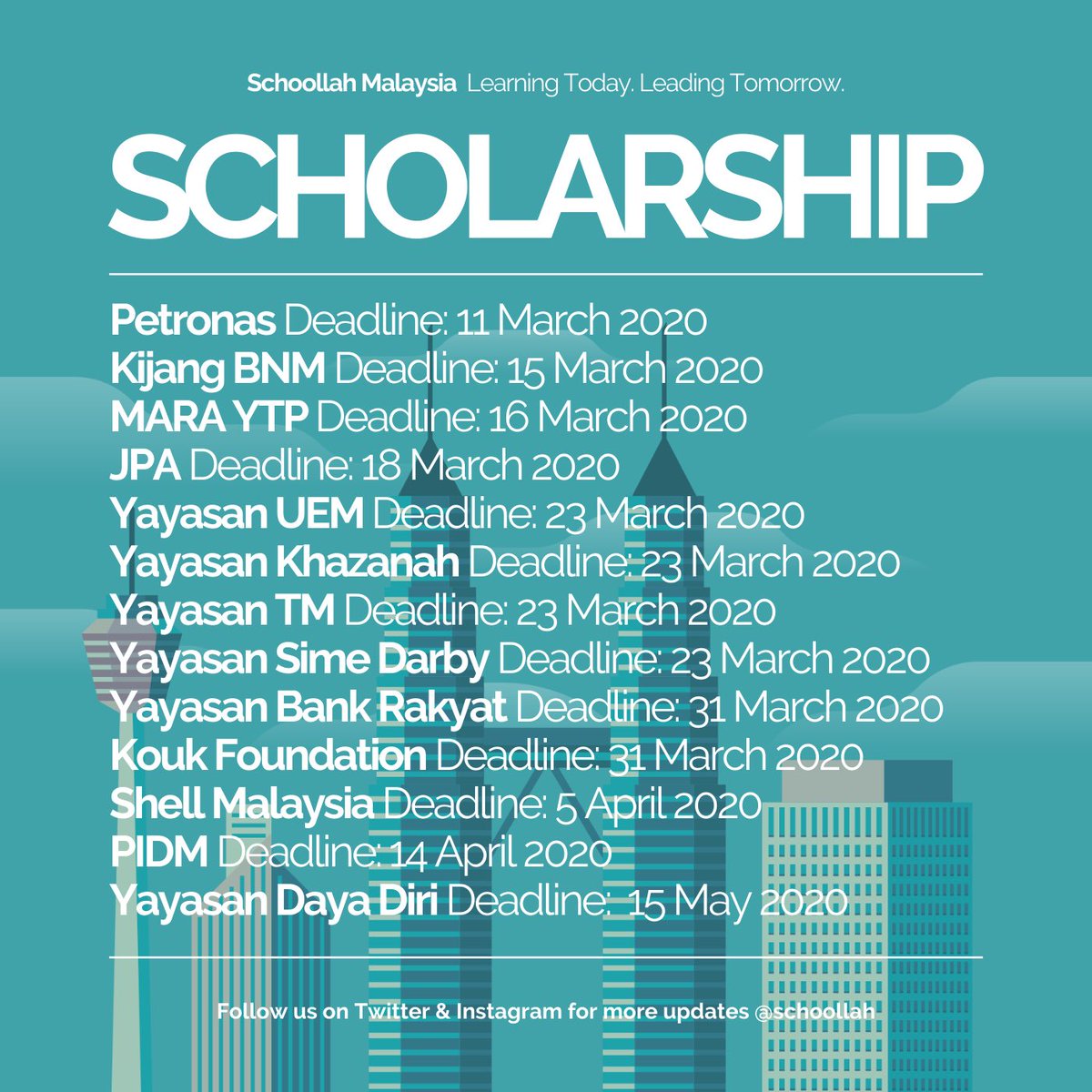 Permohonan biasiswa kini dibuka. Mohon sekarang sebelum tarikh tutup!

Susunan di atas disusun mengikut tarikh tutup permohonan biasiswa bagi memudahkan pelajar. Kami akan kemaskini biasiswa yang dibuka, dari semasa ke semasa.

RT &amp; sebarkan kepada rakan-rakan anda sekarang!