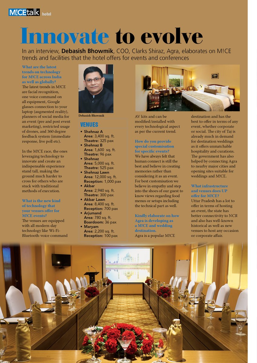 _micetalk_'s tweet photo. In an interview, Debasish Bhowmik, COO, Hotel Clarks Shiraz, Agra, elaborates on trends and facilities that the hotel offers for events and conferences
#MiCETalk https://t.co/T5ljmp1or8