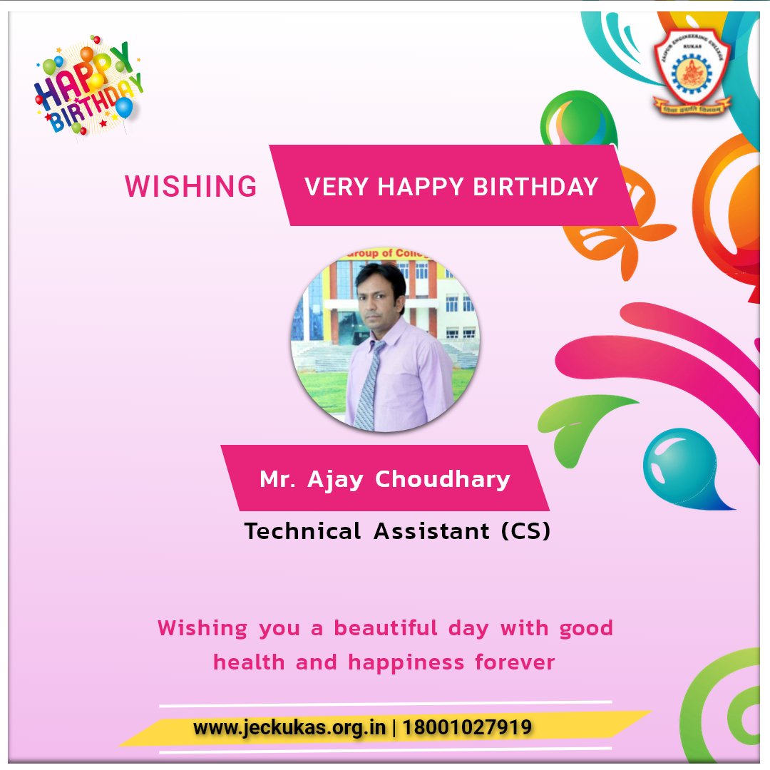 jecgroupofclgs's tweet photo. A very Happy Birthday to "𝗔𝗝𝗔𝗬 𝗖𝗛𝗢𝗨𝗗𝗛𝗔𝗥𝗬",
Thank You for your constant encouragement and support!
.
.
.
#happybirthday #college #faculty #CSdepartment #TechnicalAssistant #JECkukas #engineering #education #career #jaipurengineeringcollege
#success #Jaipur #kukas https://t.co/Vjk9oIRzpB