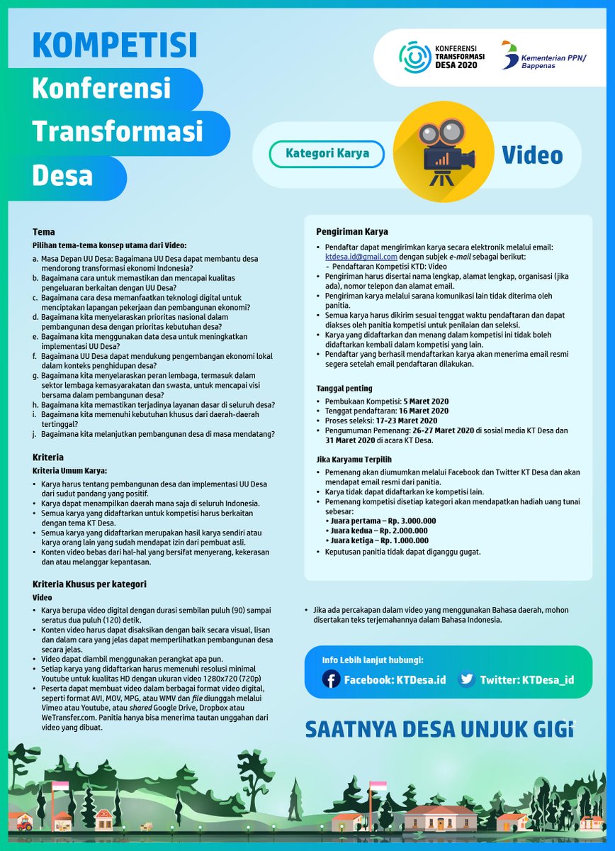 KTDesa_id's tweet photo. Hi Kawan Desa, Mindes mau kasi tahu nih. Ada perubahan alamat pengiriman (surel) untuk kompetisi Konferensi Transformasi Desa.

Kirimkan karyamu ke ktdesa.id@gmail.com. Jangan lupa, kami tunggu karyamu sampai 16 Maret 2020, ya! https://t.co/MaImQlvD1Z