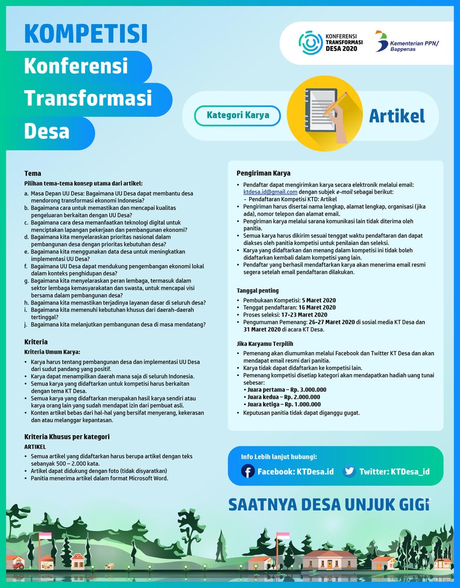 KTDesa_id's tweet photo. Hi Kawan Desa, Mindes mau kasi tahu nih. Ada perubahan alamat pengiriman (surel) untuk kompetisi Konferensi Transformasi Desa.

Kirimkan karyamu ke ktdesa.id@gmail.com. Jangan lupa, kami tunggu karyamu sampai 16 Maret 2020, ya! https://t.co/MaImQlvD1Z