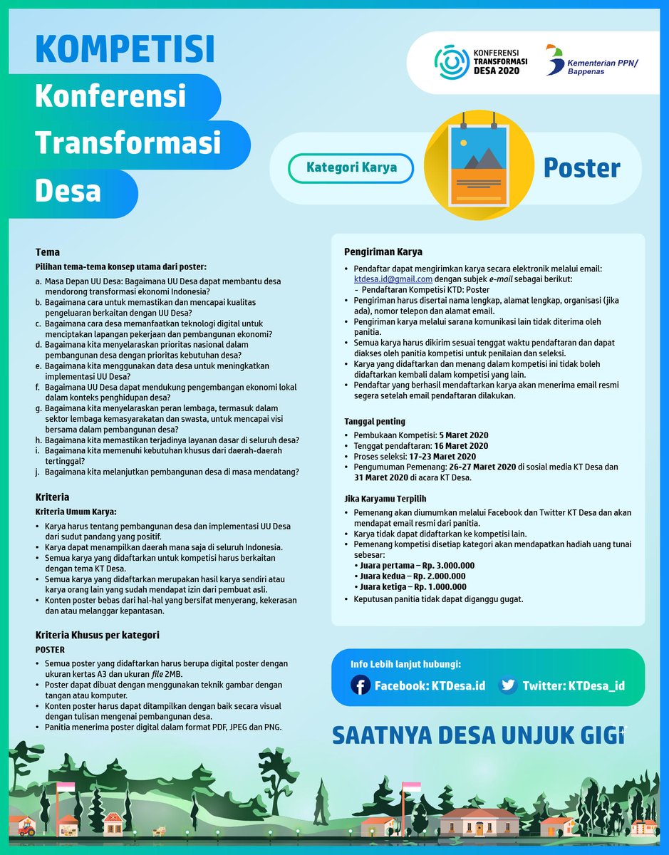 KTDesa_id's tweet photo. Hi Kawan Desa, Mindes mau kasi tahu nih. Ada perubahan alamat pengiriman (surel) untuk kompetisi Konferensi Transformasi Desa.

Kirimkan karyamu ke ktdesa.id@gmail.com. Jangan lupa, kami tunggu karyamu sampai 16 Maret 2020, ya! https://t.co/MaImQlvD1Z