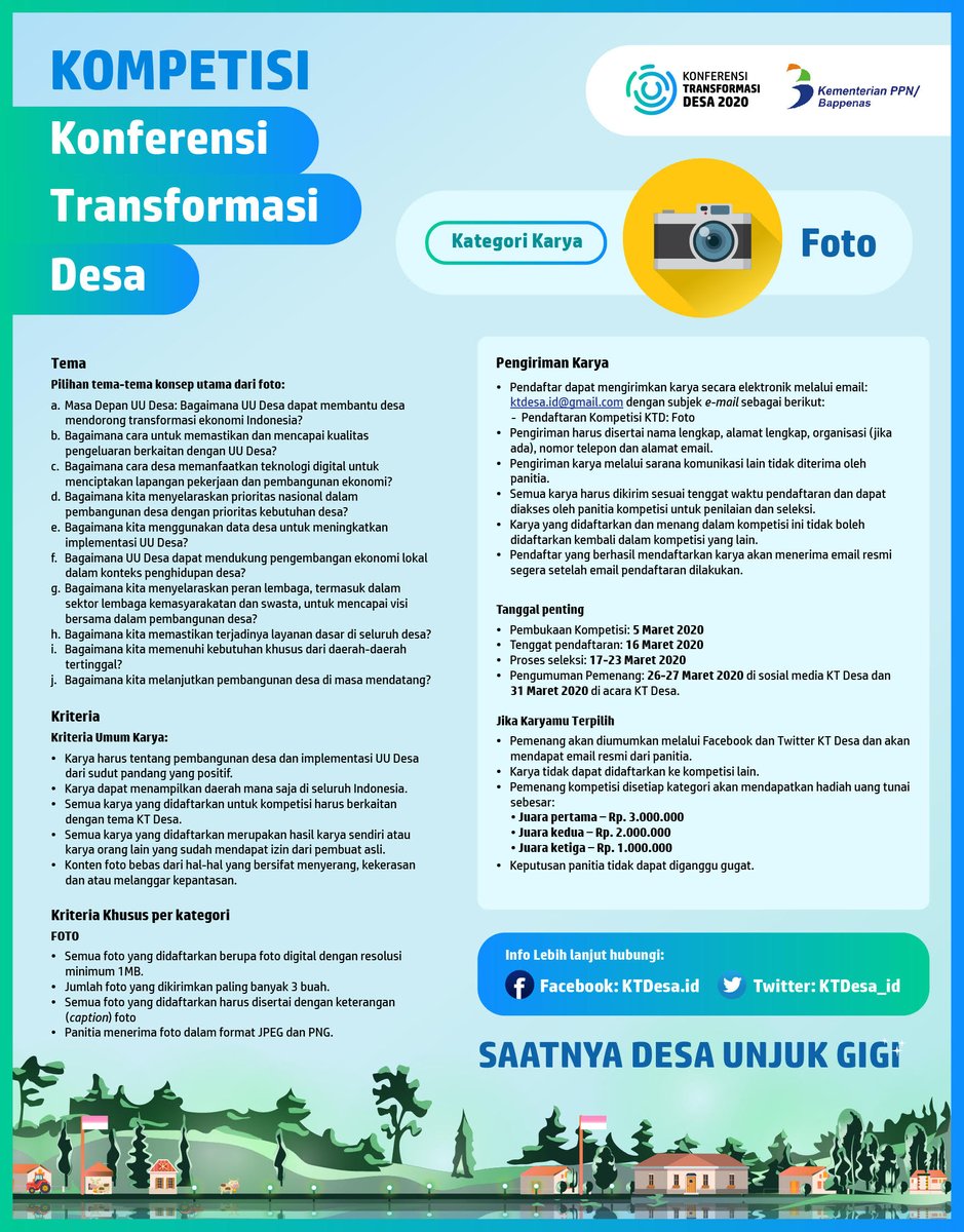 KTDesa_id's tweet photo. Hi Kawan Desa, Mindes mau kasi tahu nih. Ada perubahan alamat pengiriman (surel) untuk kompetisi Konferensi Transformasi Desa.

Kirimkan karyamu ke ktdesa.id@gmail.com. Jangan lupa, kami tunggu karyamu sampai 16 Maret 2020, ya! https://t.co/MaImQlvD1Z