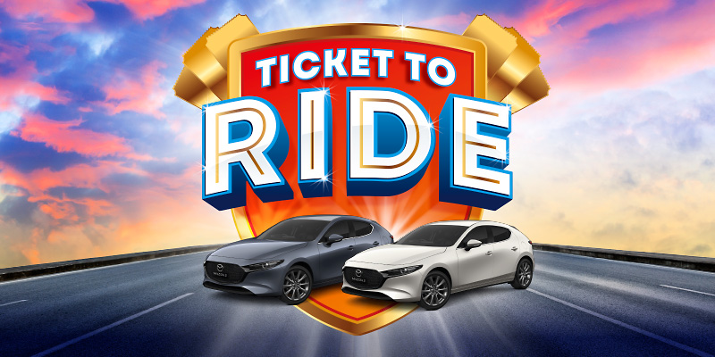 Visit us every weekend in March and April for your Ticket to Ride!
Hourly wristband prize draws take place every Saturday from 6pm and every Sunday from 2pm. Plus we are giving away a Mazda 3 on the last Sunday of March and April! Click here for more info: bit.ly/2TrkK6L