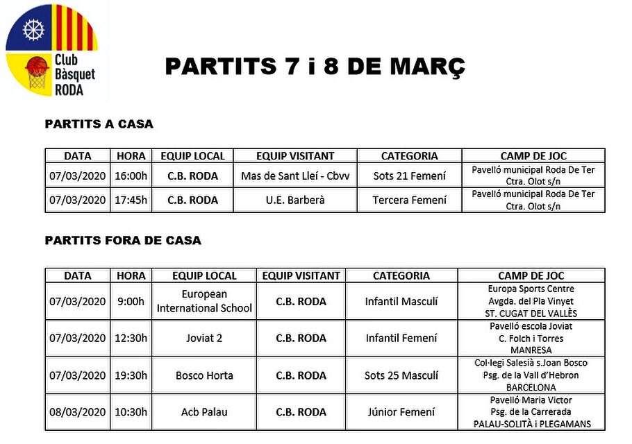 CALENDARI D’AQUEST CAP DE SETMANA
Encarem els nous partits amb ganes i donant el millor de nosaltres! 
SOM EL RODA! 🏀💪🏼
.
#ensagradajugar #basketball🏀 #ambganes #somclub #somelroda #clubbasquetroda #basquetcatala 
<a href="/ceosona/">Consell Esportiu d'Osona</a> @ajuntamentrodadeter @masiesderoda