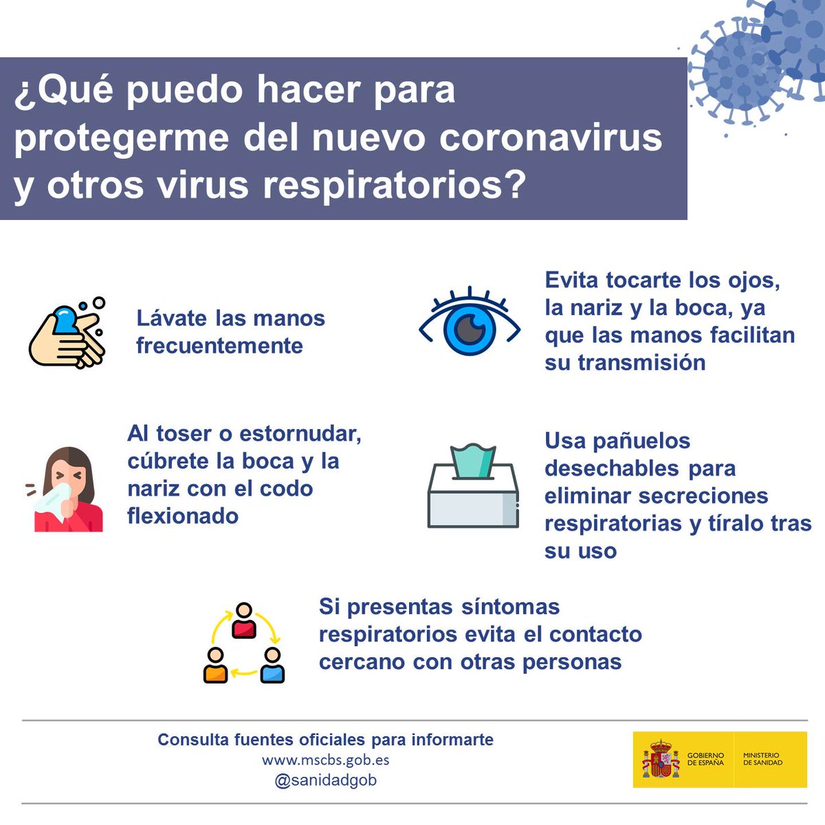 Protégete ante el #coronavirus:

◼Higiene de manos frecuente 
◼Al toser o estornudar, cúbrete con el codo o pañuelo
◼Evita tocarte ojos, nariz o boca, las manos facilitan la transmisión
◼No hay que tomar precauciones especiales con los animales, ni con los alimentos