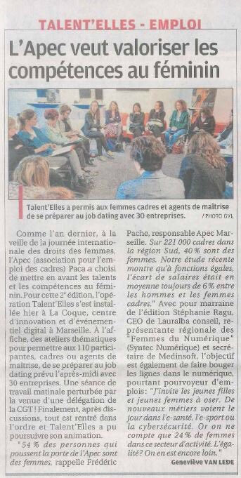 BrunoJonchier's tweet photo. Retour sur notre 2Úme édition #TalentElles «Valoriser les compétences au féminin» avec @laprovence de ce jour à la page #économie en #Provence #EgaliteFH #8mars #Compétences #ApecEgalité @pache_frederic @StephanieRagu @aureliaapecmar1 @Apecfr @Apecinfopresse https://t.co/qBCHkFIWWJ