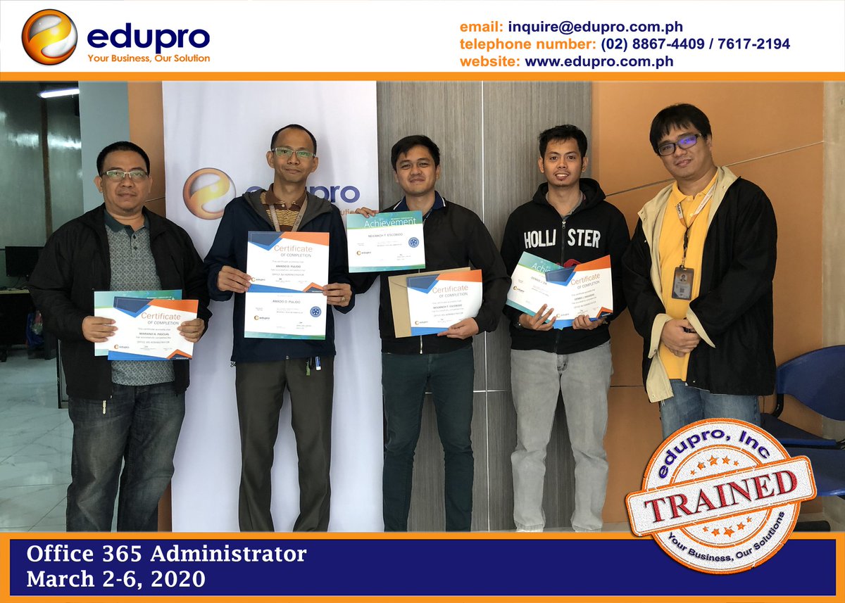 eduproinc's tweet photo. Cheers on completing Microsoft Office 365 Administrator Training

Gain the skills required to set up an Office 365 tenant, including federation with existing user identities, and skills required to sustain an Office 365 tenant and its users. https://t.co/IqtSeL0abv