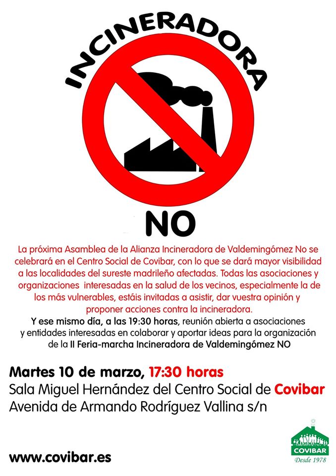 La "Alianza Incinera NO de #Valdemingómez" nos reunimos el próximo martes 10 de marzo - 17:30 en #Rivas 

Si estás preocupad@ por la incidencia en la #SaludPública y el #MedioAmbiente de esta instalación, te esperamos.