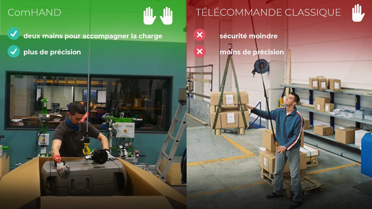 #ComHAND vs #Télécommande classique pour des manutentions assistées par palans. Nous pensons qu'avec une télécommande mains libres, vous pouvez obtenir plus d'ergonomie, améliorer la sécurité tout en améliorant la productivité.Partagez-vous cet avis? #industrie #industrie40 #tech