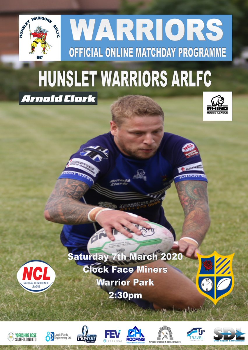 Tomorrows <a href="/OfficialNCL/">National Conference League - RL</a> Division 2 online matchday programme for our first fixture of 2020 against <a href="/ClockFaceMiners/">ClockFaceMinersARLFC</a> 
Click the Link 🔽
flipsnack.com/HunsletWarrior…
@Rhino_RL <a href="/ArnoldClark/">Arnold Clark</a> 
This weeks player catch up <a href="/westy0308/">Lee West</a> who`s proudly sponsored by 
<a href="/SteveRo29132823/">Steve Robinson@Whitehall Fabrications Ltd</a>