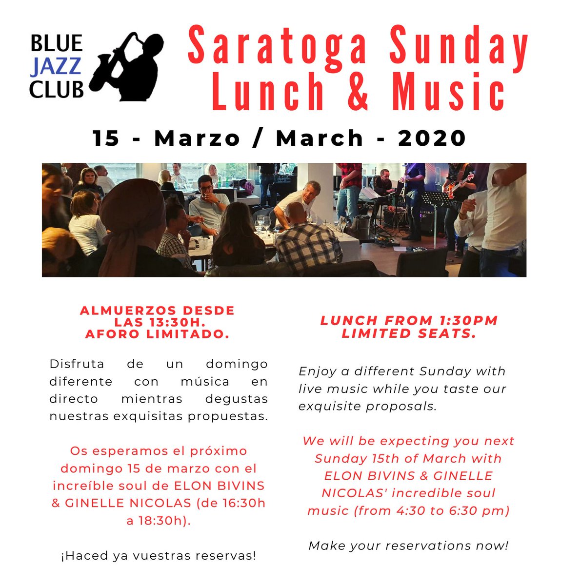 BlueJazzClub's tweet photo. 😎 EL PRÓXIMO 15 DE MARZO... ¡SARATOGA SUNDAY LUNCH &amp; MUSIC! Un fantástico plan para el domingo: almuerzo, copas, música en directo... Haz ya tus reservas en el 971 72 72 40.
#hotelsaratoga #bluejazzclub #saratogapalma #palmademallorca #musiclovers #sundaylunch #livemusic https://t.co/WLTlR2O63j