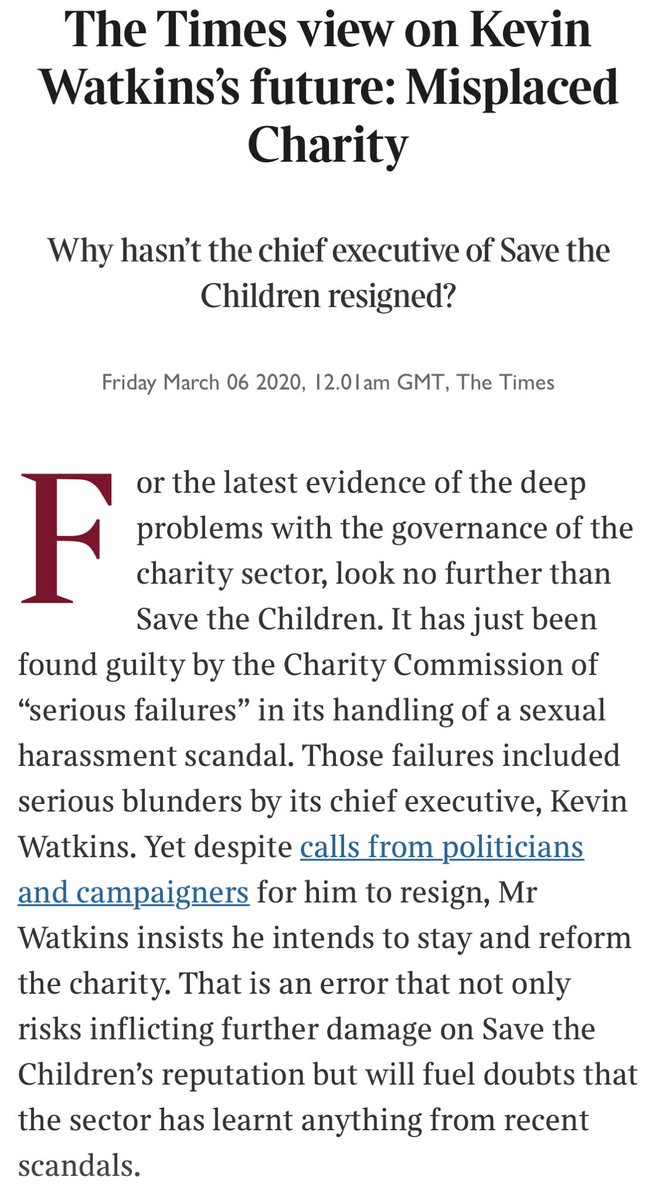 benphillips76's tweet photo. The Times is right. Watkins was a trustee, overseeing the directors; then as CEO he responded to whistleblowers’ revelations with over-use of lawyers warning letters to media; for accountability in aid, for the survivors’ healing, &amp; for this *vital* organisation, he needs to go. https://t.co/R3NXAessUa