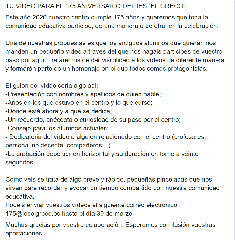 IESElGreco's tweet photo. Graba tu vídeo para el 175 aniversario del @IESElGreco y envíalo a 175@ieselgreco.es En la imagen puedes ver las instrucciones. Muchas gracias por vuestra colaboración, esperamos con mucha ilusión vuestros vídeos. 😀🥰 https://t.co/NSM7qv8qy5