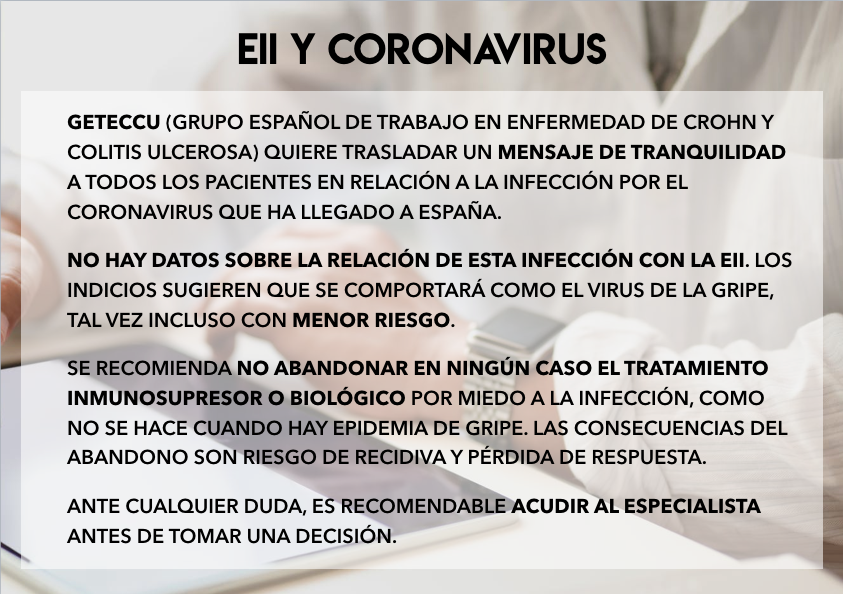 #Coronavirus | Es muy importante para las personas con #EII no dejarse llevar por la alarma social.

Recomendamos buscar info de fuentes fiables (<a href="/geteccu/">GETECCU</a> o <a href="/sanidadgob/">Ministerio de Sanidad</a>), seguir las pautas de prevención como una buena higiene y no dejar el tratamiento. 

geteccu.org/nota-informati…