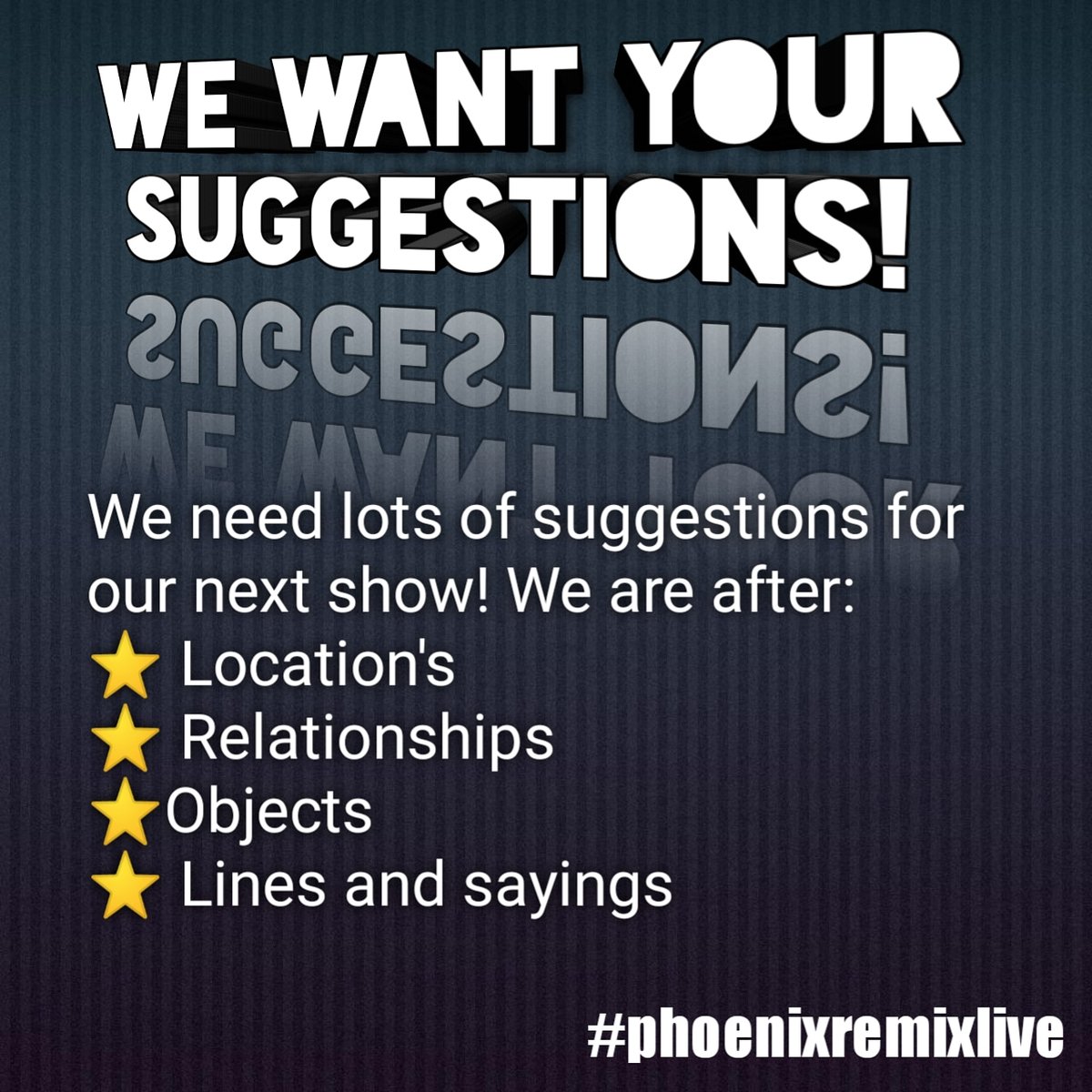 For our next show we need your suggestions social mediaverse! Send us your suggestions and thyw could make it into our show at #phoenixremixlive <a href="/ThePhoenixRemix/">The Phoenix Remix</a>