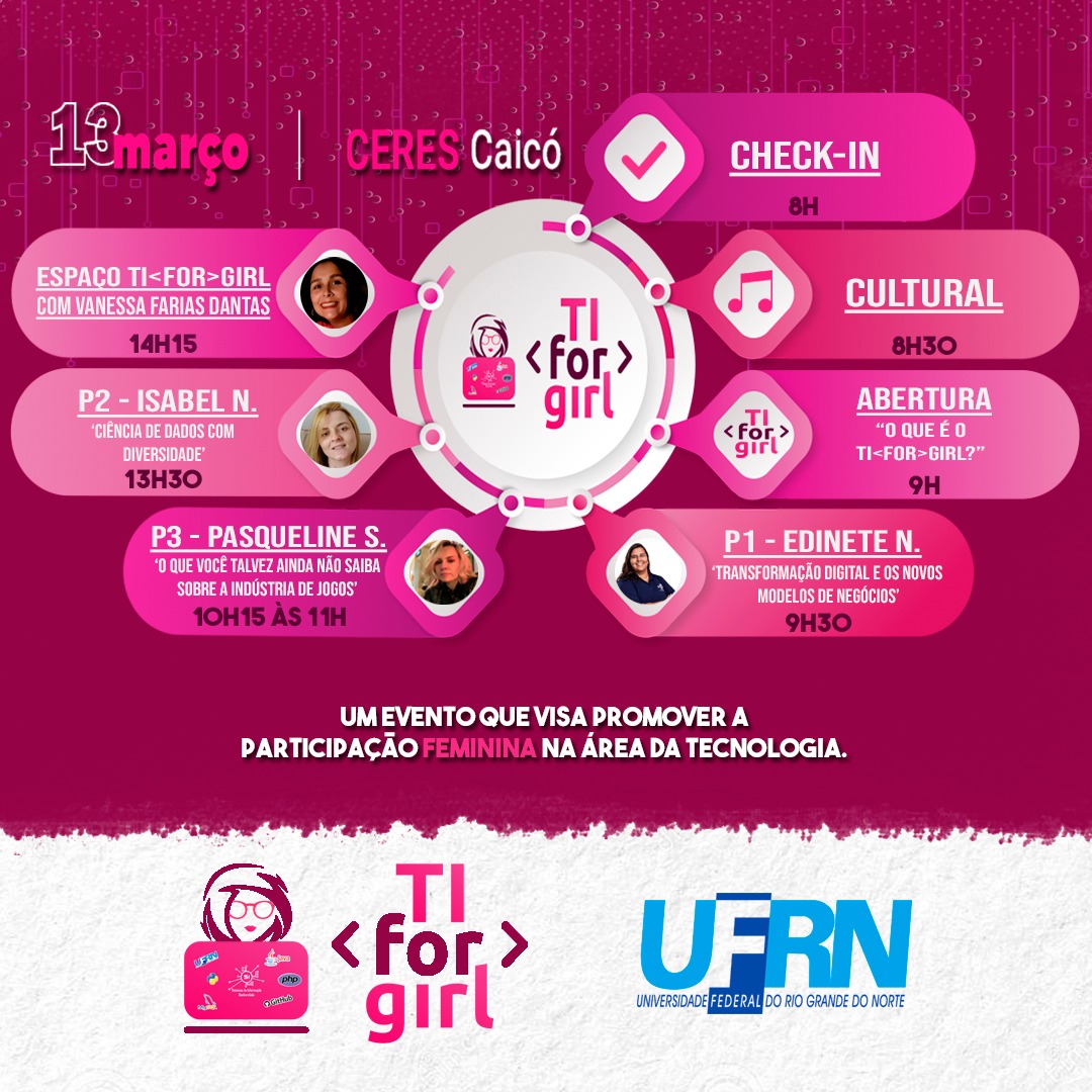 tiforgirls's tweet photo. Está  aqui a programação completa do nosso evento ,esperamos ancios@s por  vocês.
Qualquer  dúvida pode entrar em contato com a gente  acessando https://t.co/ISjEvqDkdF. 
Nos encontramos dia 13/03/2019 no CERES-UFRN Caicó/RN. 
#tiforgirl
https://t.co/al9rq7d04f https://t.co/UXpqc6pUI0