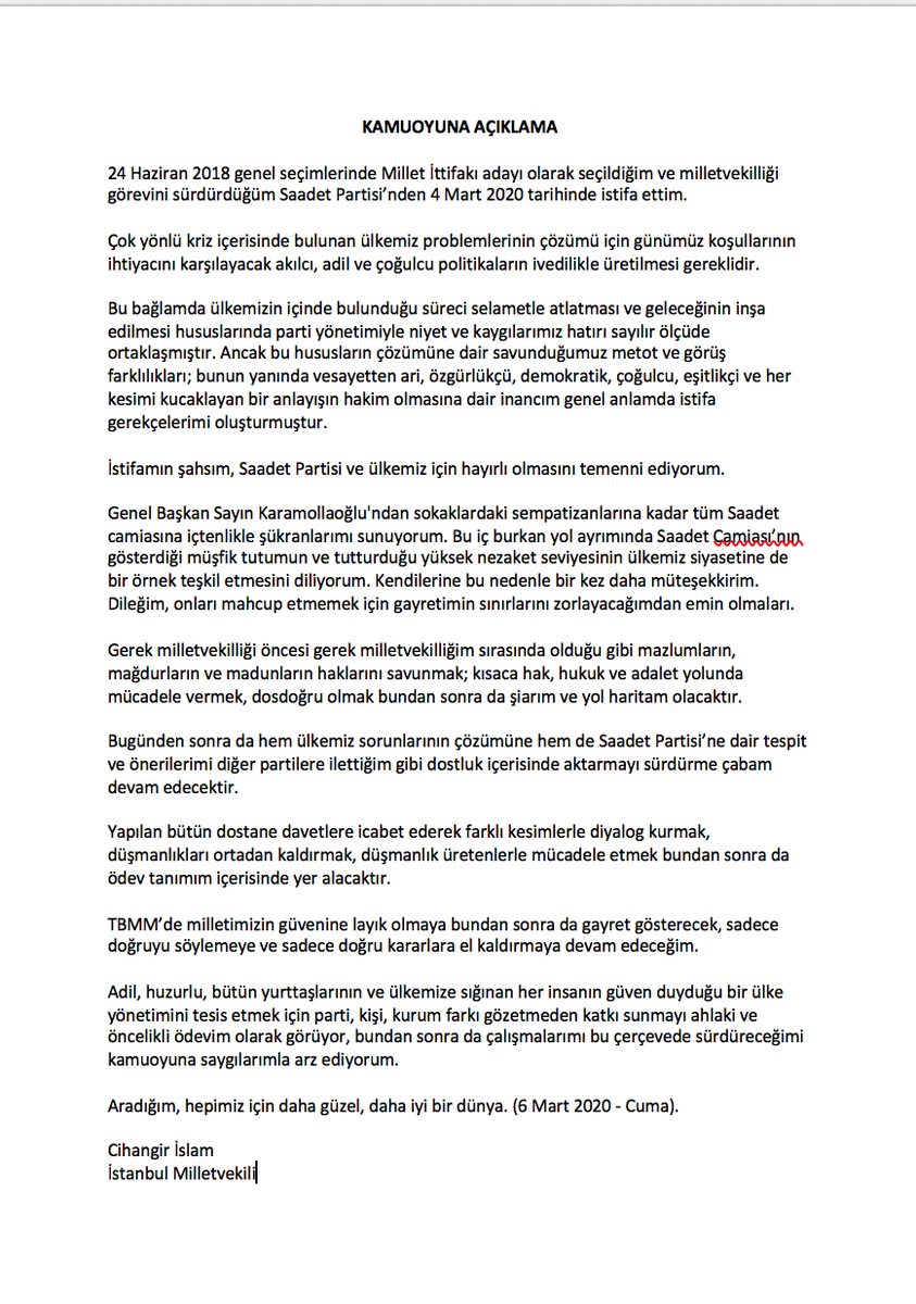 CİHANGİR İSLAM NEDEN İSTİFA ETTİĞİNİ AÇIKLADI