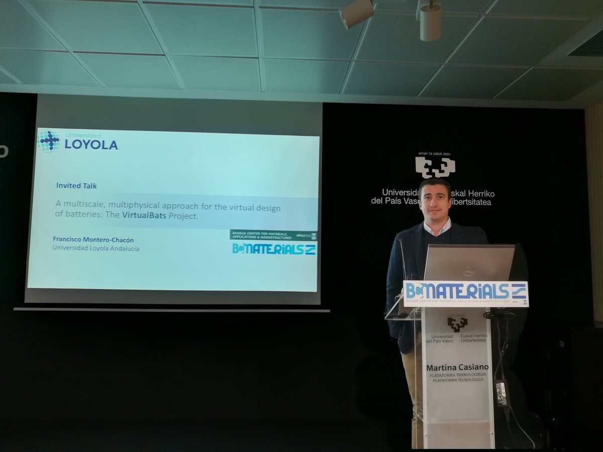 BCMaterials's tweet image. Dr. Francisco Montero from @LoyolaAnd is presinting the project VirtualBats that aims to find improvememt strategies for batteries.

#BCMaterials_Invited_Talks