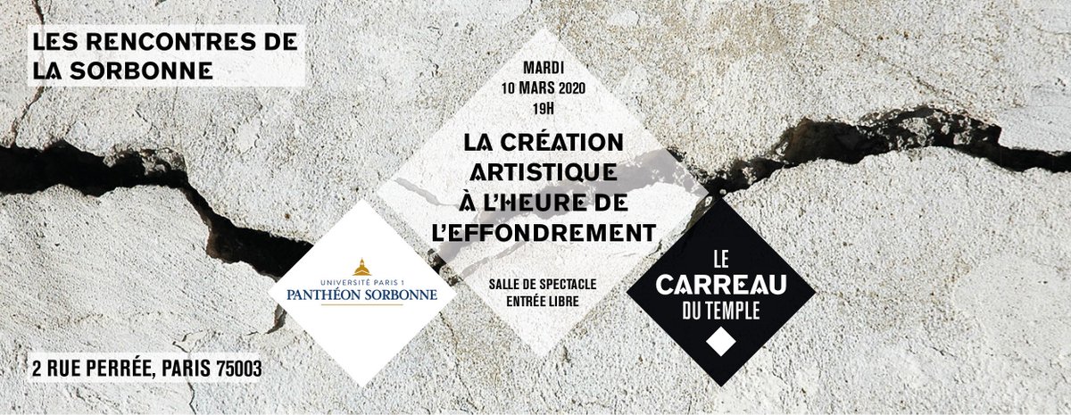 CarreauDuTemple's tweet photo. #RENCONTRES 🌱 Pour cette dernière conférence des étudiants de @SorbonneParis1, les invités @NisicNatacha, Romain Noël, @sutterpe et @Julien_Chirol vont réenchanter notre vision du monde ! #art
⏰ Mercredi 12 février 2020 à 19h
🚩 Entrée libre
▶︎ Infos : https://t.co/ZcvI4gI7ZA https://t.co/St3r0xdknK