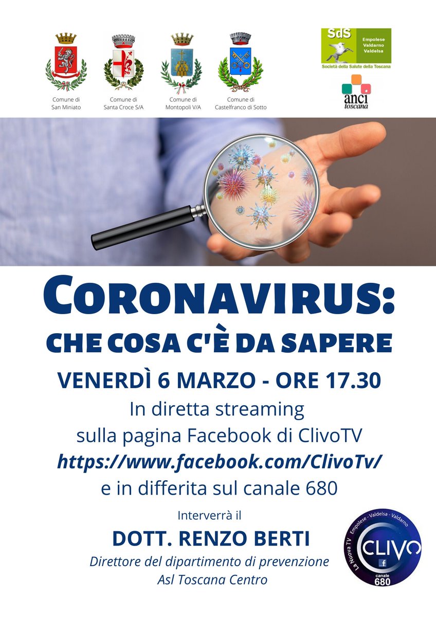 ComuneSMiniato's tweet photo. #coronavirus Oggi alle 17.30, in diretta #Facebook dal @ComuneSMiniato, il dottor Renzo Berti su #ClivoTv (in differita sul Canale 680) informa i cittadini sulle norme da seguire e sulle novità in seguito al DPCM del 4/03/2020
#SanMiniato #COVID19 https://t.co/DwCGanTktd