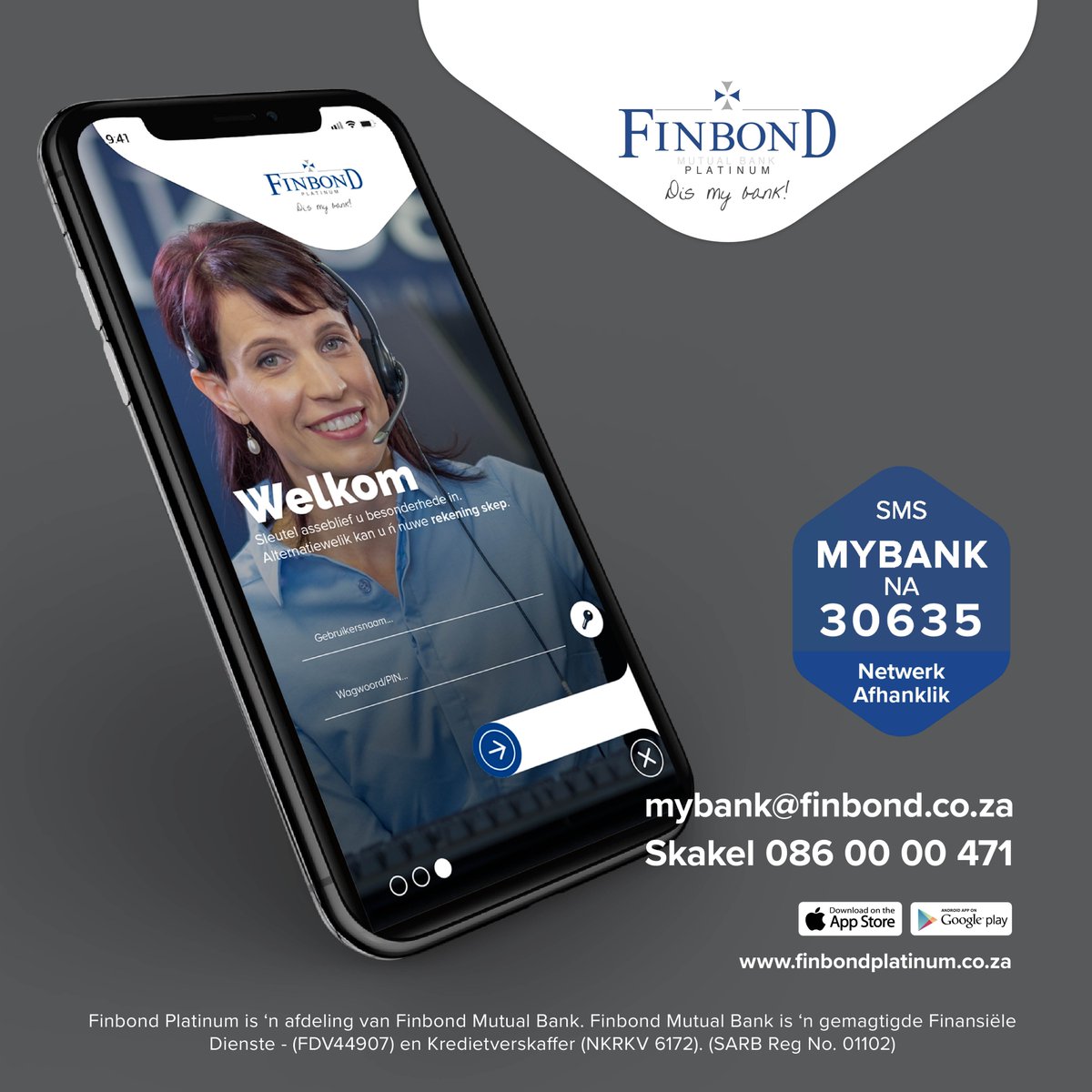 FinbondP's tweet photo. Vir maklike en vinnige bankdienste sluit aan by Finbond Platinum. Kontak ons vandag by 086 00 00 471, Epos na mybank@finbond.co.za, of SMS die woord MYBANK - SM na 30635 (Netwerk afhanklik) #finbondplatinum #dismybank https://t.co/LrVPGBYDg1