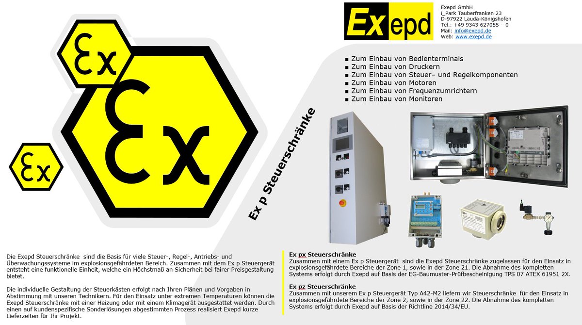 Exepd_GmbH's tweet photo. Ex p control cabinets by Exepd

Ex px control cabinets in combination with an Ex p controller for zone 1 &amp; 21

Ex pz control cabinets in combination with our controller A42-M2 for zone 2 &amp; 22

#ATEX #Explosionsschutz #hazardous #ExVO   #Regeltechnik #Messtechnik #Maschinenbau https://t.co/RIhFl5CB43
