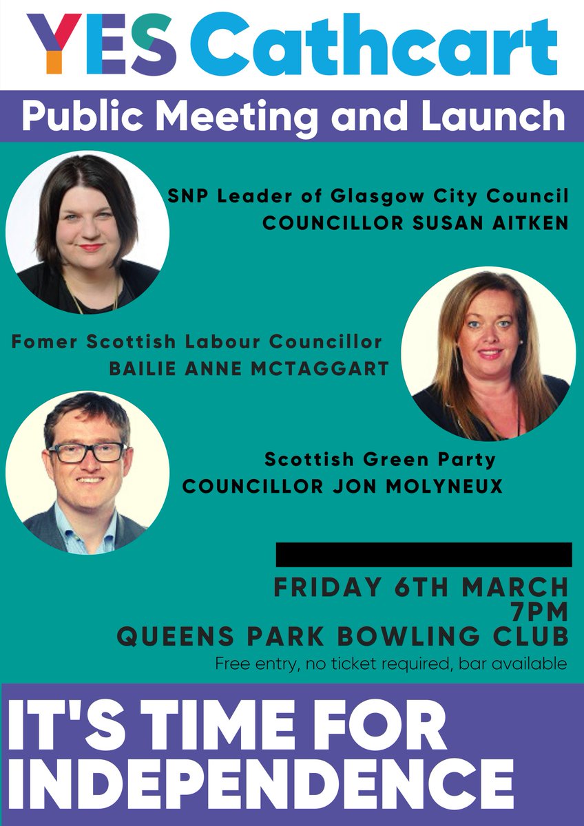 YesCathcart's tweet photo. We're relaunching tonight! Join us at 7pm to hear the case for independence from @SusaninLangside, @AnneMcTaggart23 and @jonmolyneuxSGP. https://t.co/j7J0kG5p77