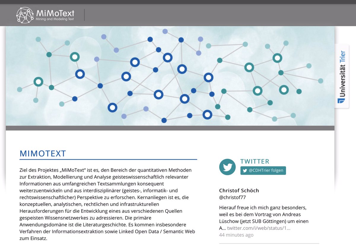 textundblog's tweet image. #MiMoText: Ziel, den Bereich der quantitativen Methoden zur Extraktion, Modellierung und Analyse geisteswiss. relevanter Informationen aus umfangreichen Textsammlungen weiterzuentwickeln und aus interdisziplinärer Perspektive zu erforschen. mimotext.uni-trier.de #DHd2020