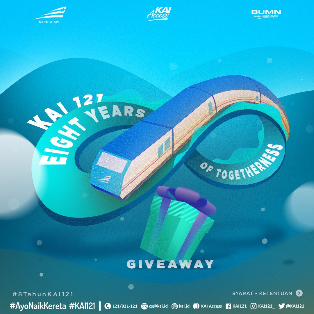 KAI121's tweet photo. Merayakan #8TahunKAI121 melayani #SahabatKAI di media sosial, Railmin bikin Giveaway nih. Ada voucher KA Eksekutif &amp; Ekonomi serta goody bag Eksklusif. Caranya, sampaikan harapan terbaikmu utk KAI121.
⁣
Baca terlebih dulu syarat &amp; ketentuannya, biar peluang menangmu makin besar! https://t.co/O1DIAn2HZx