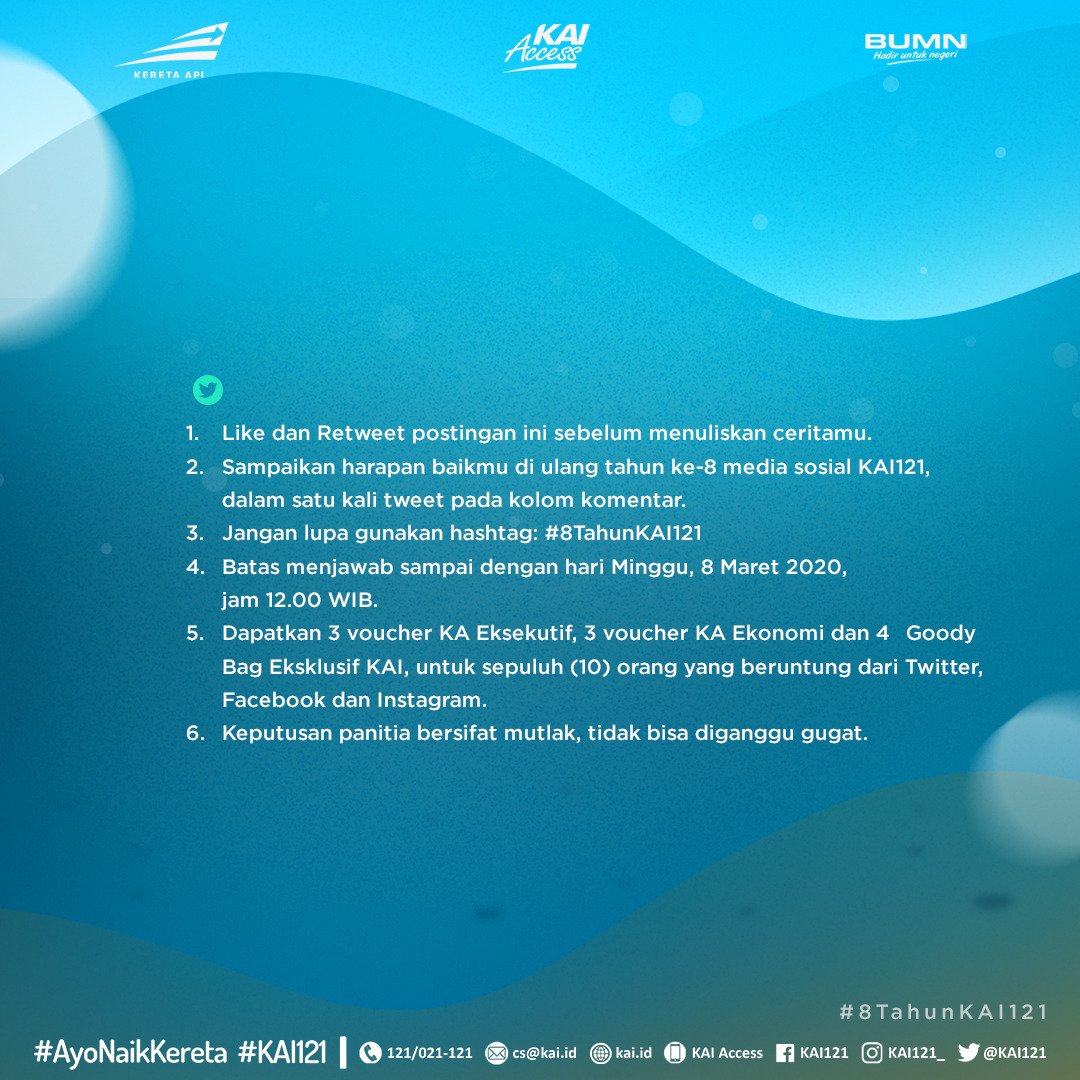 KAI121's tweet photo. Merayakan #8TahunKAI121 melayani #SahabatKAI di media sosial, Railmin bikin Giveaway nih. Ada voucher KA Eksekutif &amp; Ekonomi serta goody bag Eksklusif. Caranya, sampaikan harapan terbaikmu utk KAI121.
⁣
Baca terlebih dulu syarat &amp; ketentuannya, biar peluang menangmu makin besar! https://t.co/O1DIAn2HZx
