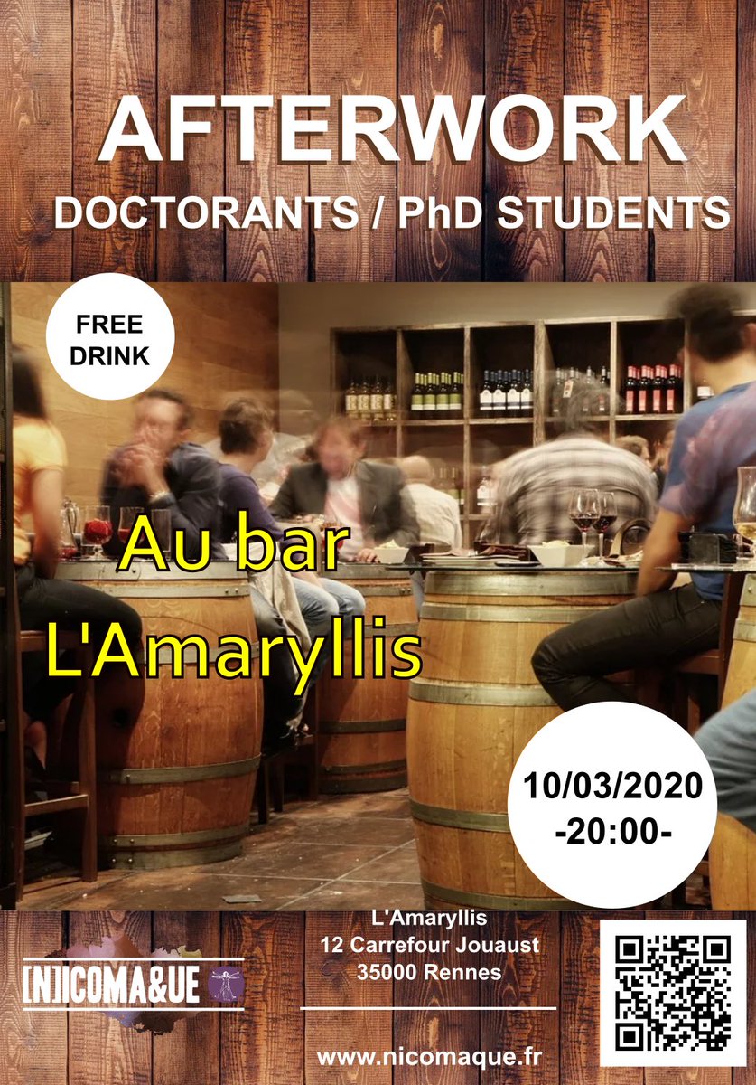 AssoNicomaque's tweet photo. Mardi, c'est le deuxième Mardi du mois !!! Ça veut dire Afterwork entre doctorants ! Alors RDV à l'Amaryllis Mardi 10 Mars à 20h à l'Amaryllis

Tuesday, March 10th, 20:00 : Afterwork for PhD students !!! Come on time to have a free drink! https://t.co/cvxPbwriNM