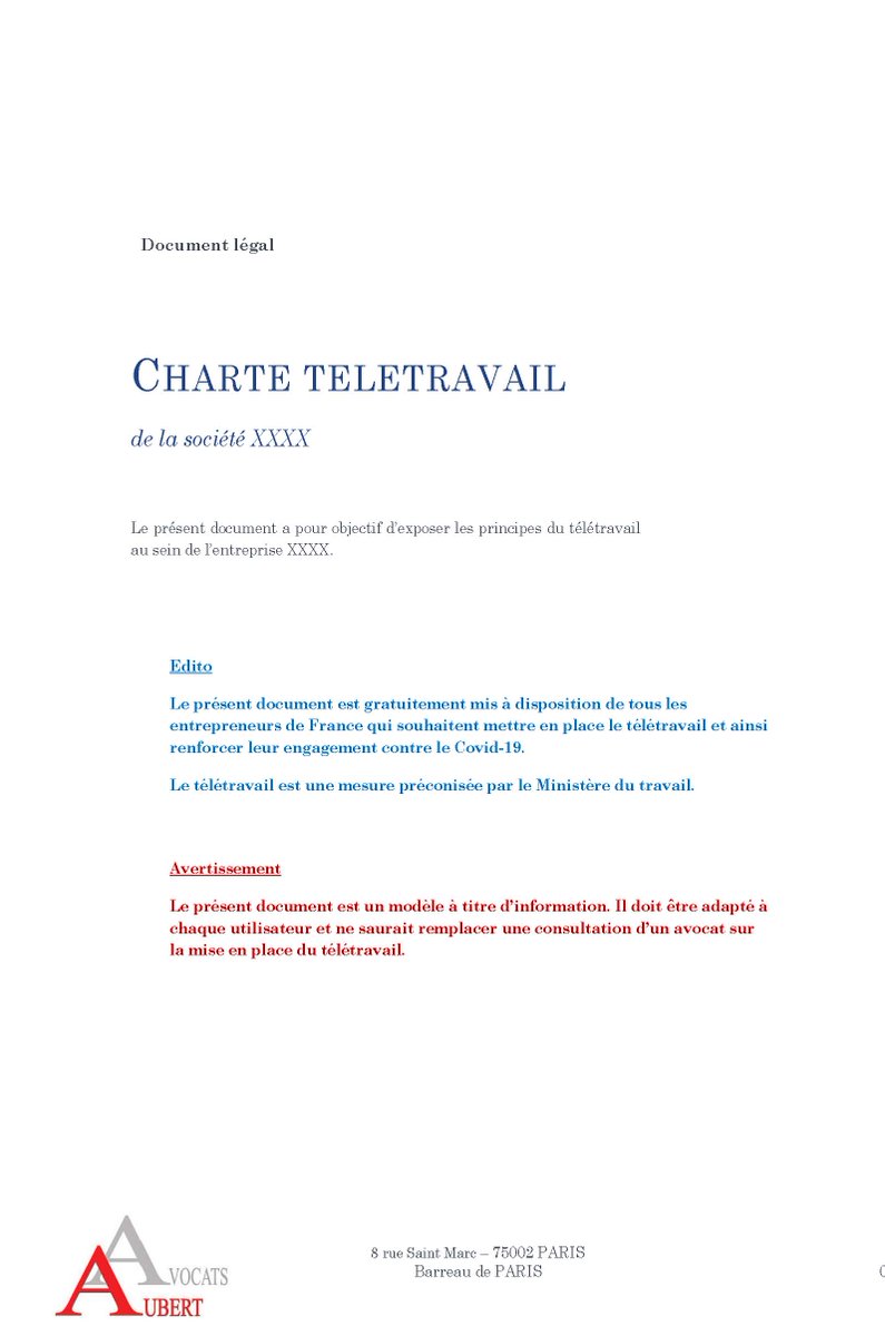 AUBERTAVOCATS's tweet photo. Lutte contre le coronavirus, le Cabinet AUBERTAVOCATS met gratuitement à disposition de tous les entrepreneurs une charte de télétravail. Frenchtech pour tous.
Edition à demander ici 👉 aubertavocats@gmail.com
#coronavirus #Digitalisation @cedric_o @murielpenicaud https://t.co/ZSozadPlvc