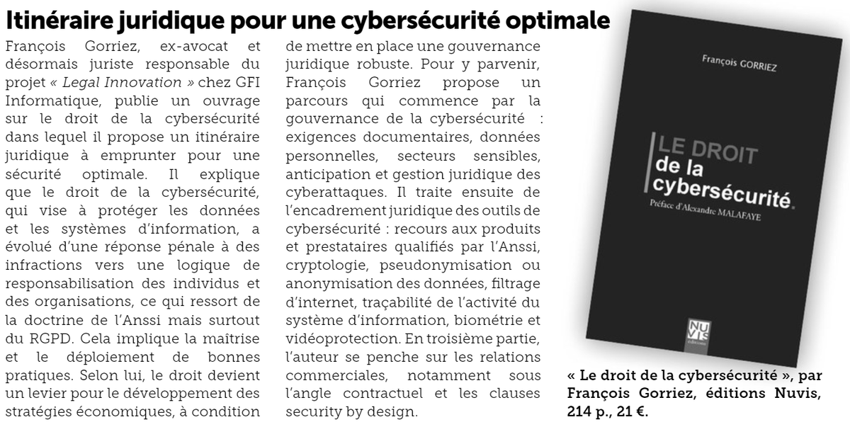 On parle de droit de la #cybersécurité dans le dernier numéro de la revue Expertises (expertises.info).
