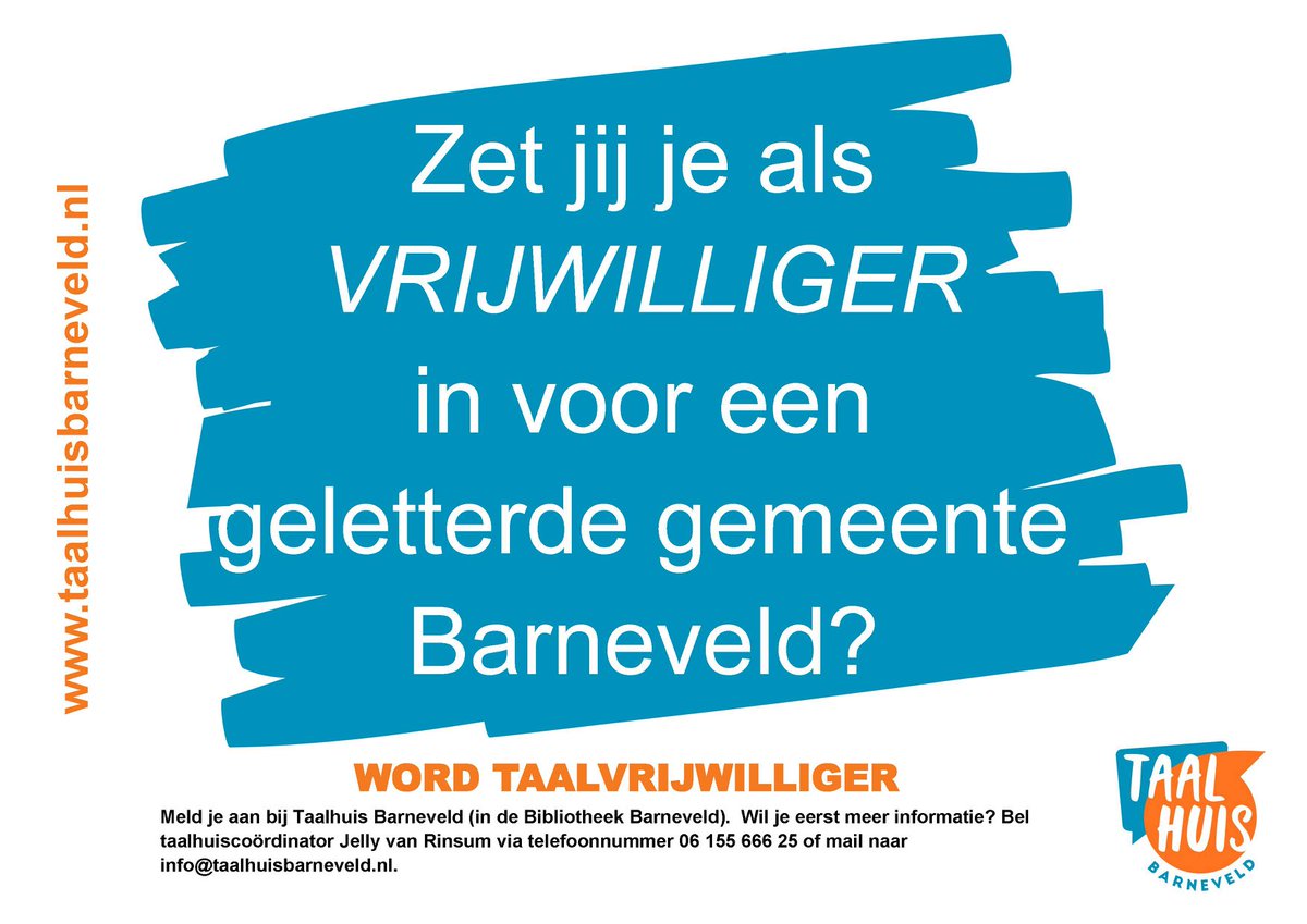 Word jij Taalvrijwilliger? In gemeente Barneveld vinden ca. 5000 inwoners het lastig om bijv. een e-mail te schrijven, formulieren in te vullen of veiligheidsvoorschriften te lezen op het werk. Help jij hen als taalvrijwilliger? Meld je dan nu aan! taalhuisbarneveld.nl/ik-wil-helpen