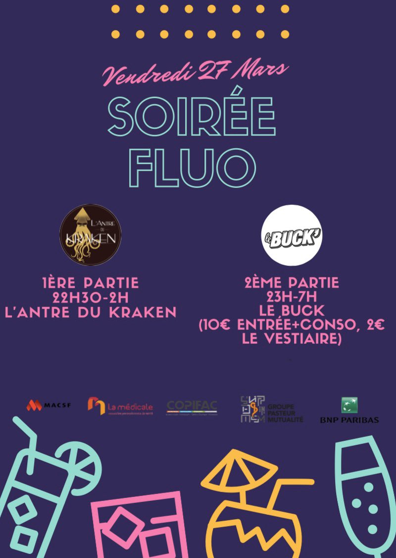 AESIL_CR's tweet photo. Nous vous proposons une soirée fluo le 🟩vendredi 27 mars 🟪
La première partie de la soirée se déroulera à l’antre du kraken 🕰 
Puis .. la seconde partie se passera au buck qui sera 10 euros l’entrée 🕰

Nous vous attendons nombreux et dans le thème ! 🚨

Rendez-vous le 27 💋 https://t.co/qreEJ9KZRP