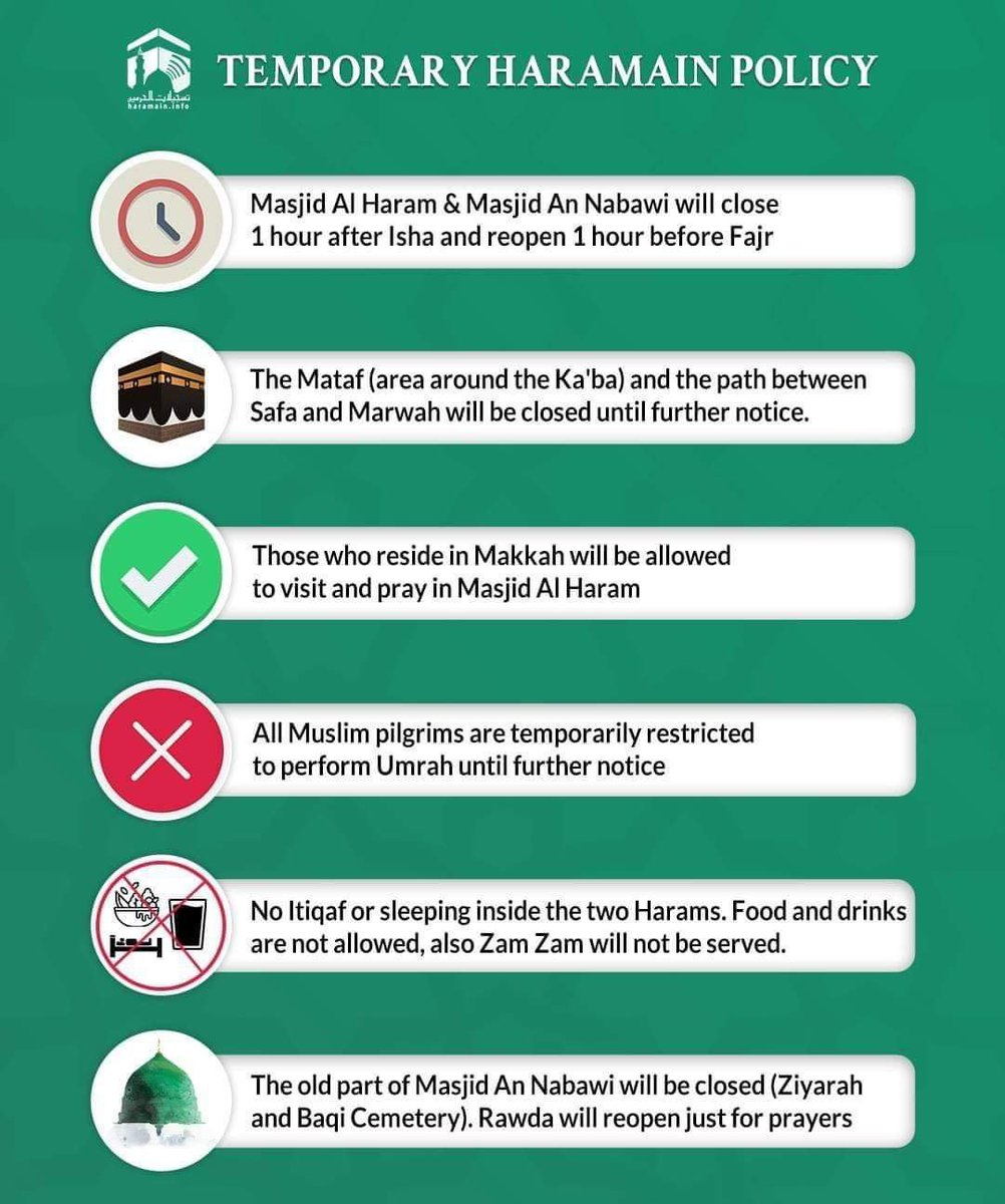 aqairtravels's tweet photo. #SaudiArabia announces new temporary policy for #HARAMAIN. #UmrahUpdate
#JummahMubarak
#FridayThoughts
#FridayFeeling
#COVIDー19 https://t.co/jajndParEM