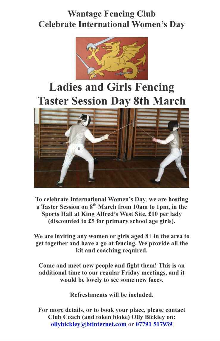 ClubWantage's tweet photo. To celebrate #InternationalWomensDay2020 Wantage Fencing Club are hosting a Taster Session for women and girls aged 8+ to get together and have a go at fencing.

Sunday 8th March 10am-1pm at King Alfred’s West Site
Price: £10 per lady (£5 girls aged 8-11)
#beyondthepiste https://t.co/4FRokUUa7J