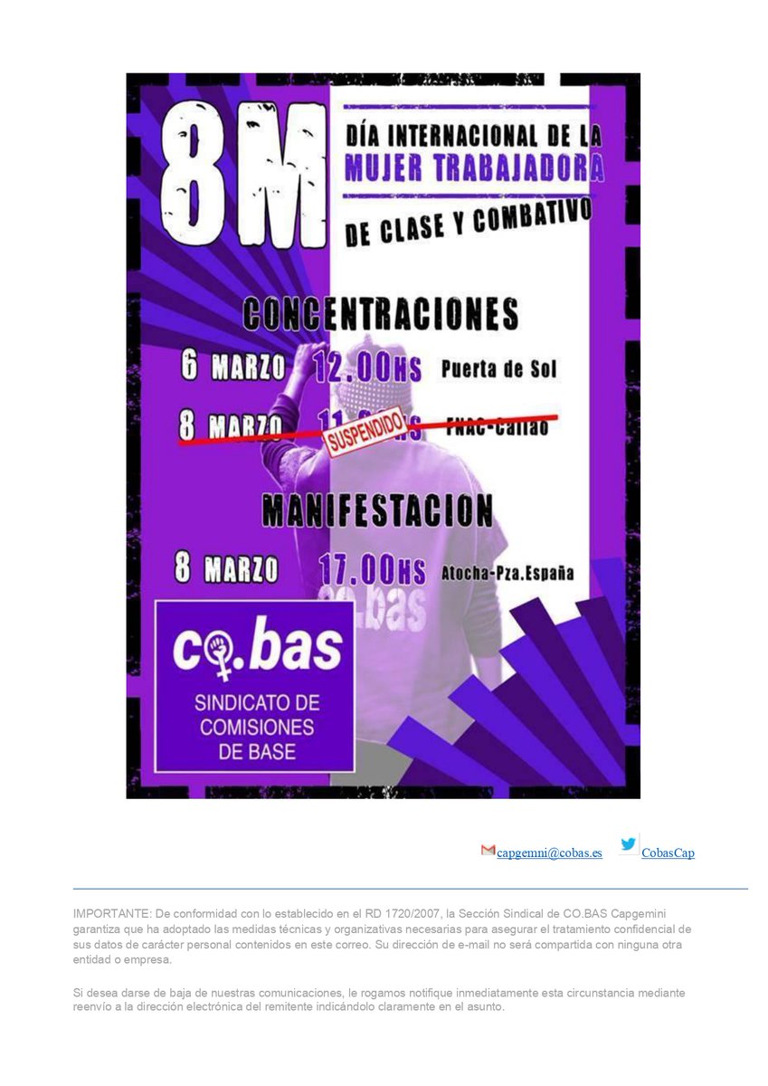COMUNICADO: #8M Día Internacional de la Mujer Trabajadora  #8M2020 <a href="/CobasTIC/">Co.bas TIC</a> <a href="/CoBas_MADRID/">Co.Bas MADRID</a> <a href="/cobasindraorg/">co.bas en Indra</a> <a href="/CobasAltran/">cobas.altran.madrid</a> @cobas_