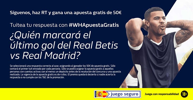 WilliamHillES's tweet photo. 🚨 #WHApuestaGratis 🚨

✅ Síguenos
🔁 Haz RT
✌ Gana una apuesta gratis de 50€ 

💬 ¿Quién marcará el último gol del Real Betis vs Real Madrid? #RealBetisRealMadrid  

👉 Tuitea con #WHApuestaGratis https://t.co/O7QmoXEeEn