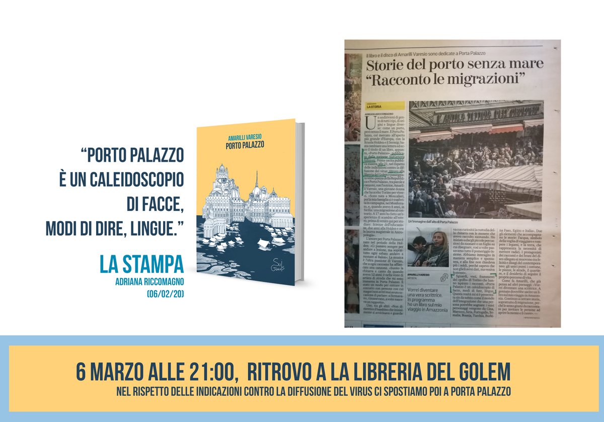 Siamo su <a href="/StampaTorino/">La Stampa Torino</a> . "Porto Palazzo, pubblicato da SuiGeneris. Uscita alle 21, nel rispetto delle indicazioni contro la diffusione del virus, ritrovo a La libreria del Golem e passeggiata verso Porto Palazzo, tra parole e canzoni. #leggere #culturaresistente #Torino
