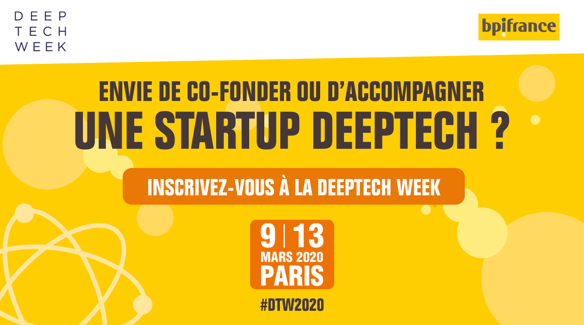 Bpifrance's tweet photo. Les (futurs) acteurs de la #Deeptech se réuniront dans 3 jours lors de la #DeeptechWeek ! 🚀
Découvrez le programme et inscrivez-vous aux événements de votre choix ! C'est par ici. 👉 https://t.co/xSjSPB6aKh #DTW2020 https://t.co/fNo92TbijG