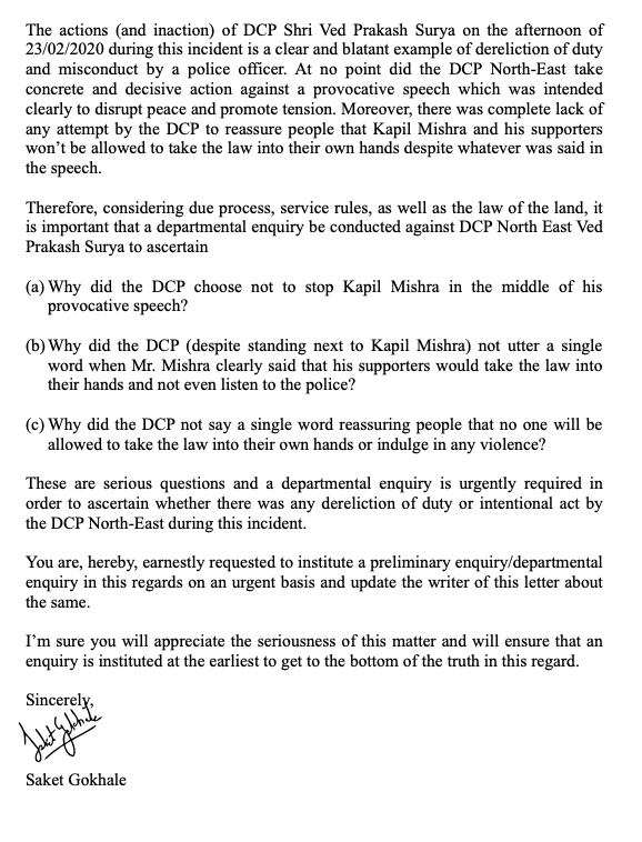SaketGokhale's tweet photo. Have issued a letter to Delhi Police Commissioner demanding a departmental enquiry against @DCPNEastDelhi for standing &amp; smiling next to Kapil Mishra while he openly issued threats in his speech. 

Hope the Commissioner acts else will have no option but to take the DCP to court. https://t.co/0MDloyaB63