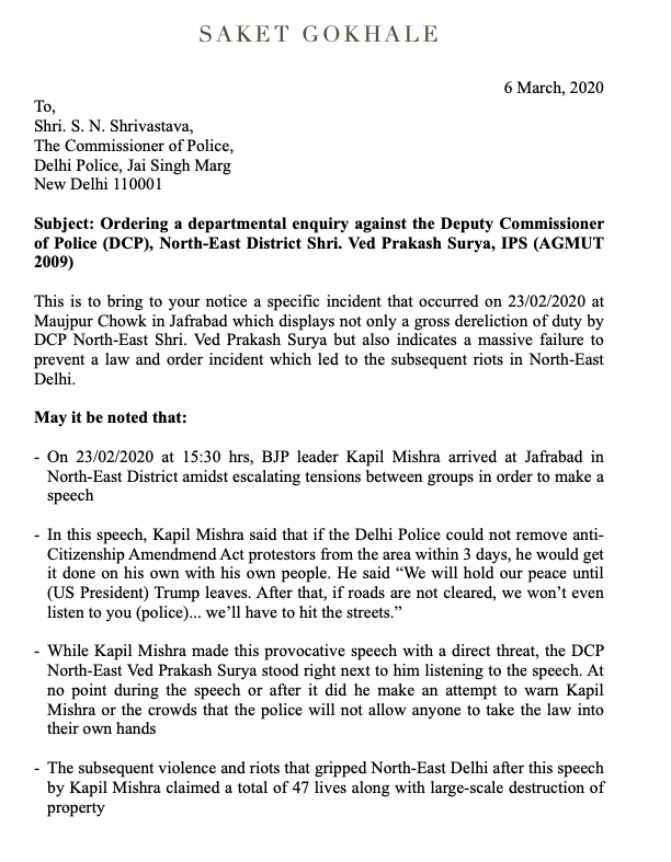 SaketGokhale's tweet photo. Have issued a letter to Delhi Police Commissioner demanding a departmental enquiry against @DCPNEastDelhi for standing &amp; smiling next to Kapil Mishra while he openly issued threats in his speech. 

Hope the Commissioner acts else will have no option but to take the DCP to court. https://t.co/0MDloyaB63