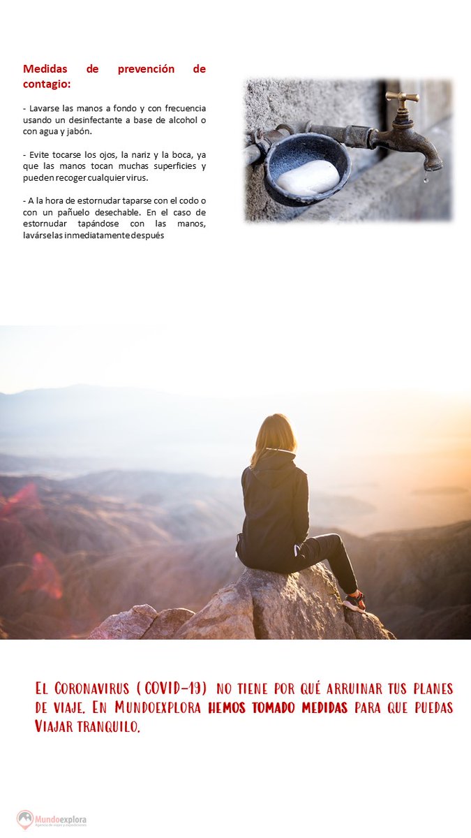 Mundoexplora's tweet image. ¿Qué estamos haciendo en Mundoexplora ante la situación del Coronavirus?

En Mundoexplora hemos tomado medidas para que puedas viajar tranquilo 👇

#Coronavirus #COVIDー19